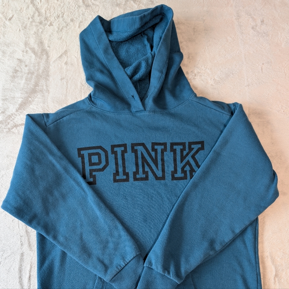 Victoria's Secret VS PINK Hoodie Sweatshirt Teal Black Spellout Logo XS Campus image 2